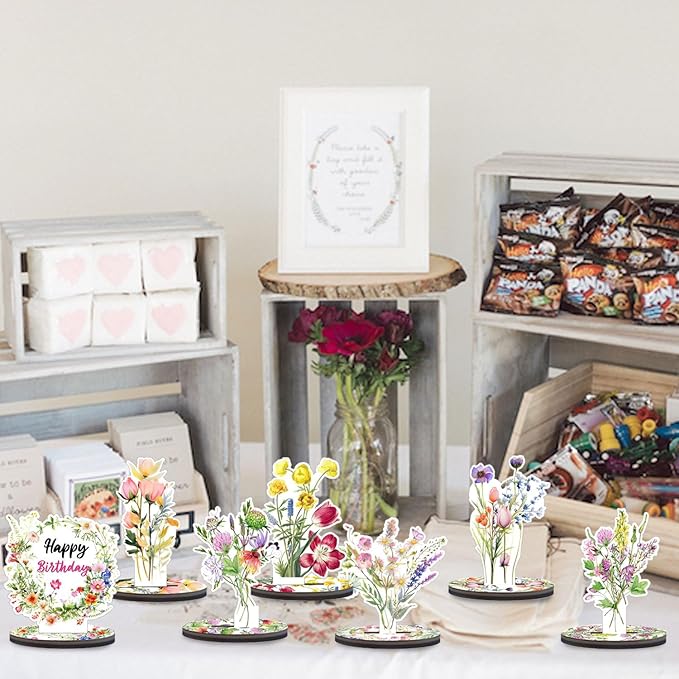 Wooden Wildflower Party Decorations - 9PCS Flower Birthday Table Sign Decor,Wildflower Party Centerpieces Table Topper,Wildflower Decor Supplies,Floral Party Wedding Decoration