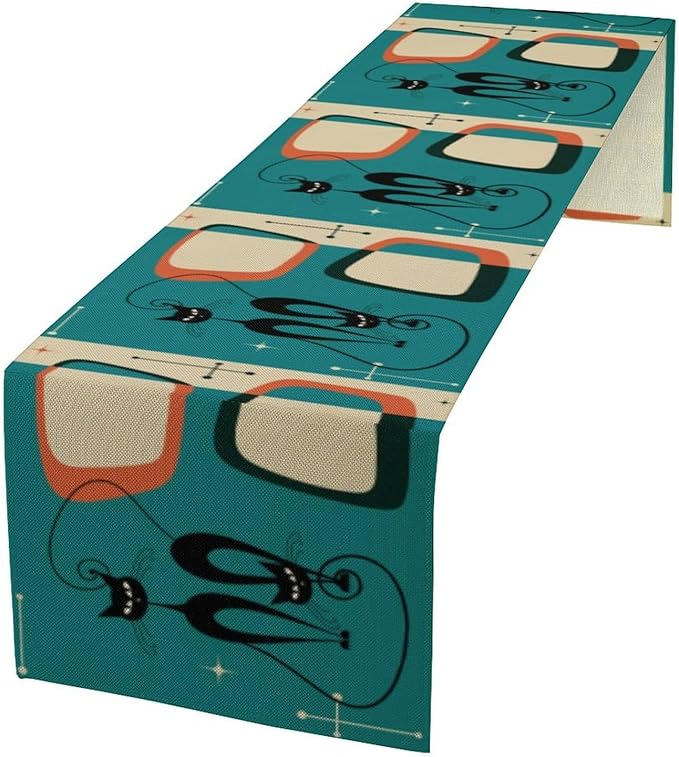 Mid Century Modern Black Cat Table Runner,Table Runners for Kitchen Dining Modern Tables Decor Decoration for Kitchen Family Dinner Table Holiday Party Farmhouse 13 x 108 Inch Blue