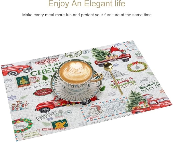 Christmas Placemats Simple Rustic Christmas Tree Red Gnome Truck Christmas Bells Gifts Wreath Snowman Greeting Card Placemats Table Kitchen Dining Party 12x18 Inch Set of 6