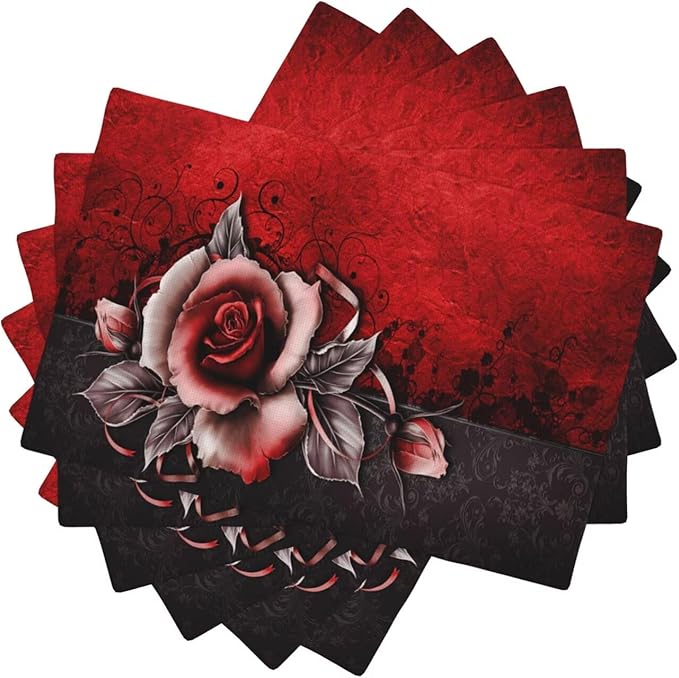 Rose Linen Table Placemats Set of 6 Vintage Flowers Place Mats for Home Party Kitchen Indoor Holiday Rustic Washable Heat Resistant Table Mats 12 x 18 Inch