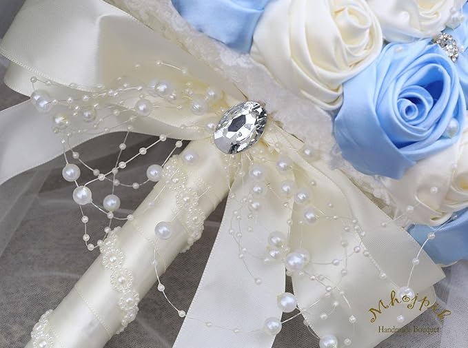 Bridal Wedding Bouquet Round Bling Brooch Bouquet Throw Toss Artificial Rose Flower Bunch for Bride Bridesmaid Wedding Quinceanera(Light Blue & Ivory, 7.5")