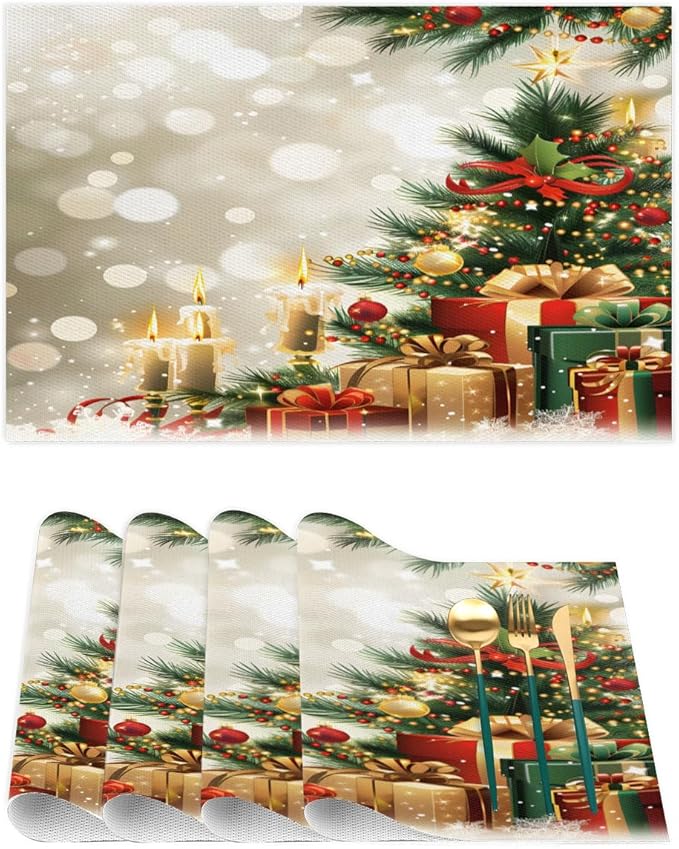 Xmas Christmas Tree Green Placemats Set of 1 PVC Vinyl Non Slip Table Mats Heat Resistant Place Mats Washable Wipeable Dining Table Mat for Kitchen Decor Party Indoor Outdoor Decorative Gift
