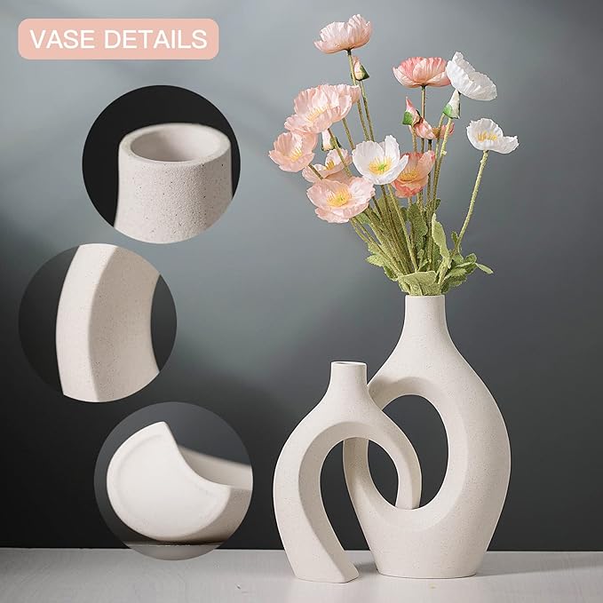 Extra Large Hollow Nordic Modern Ceramic Vases Set of 2, Milky White Aesthetic Round Donut Boho ins Style Flower Decorative Vase for Room Home Book Shelf Table Decor (Matte W 8" X H 11")
