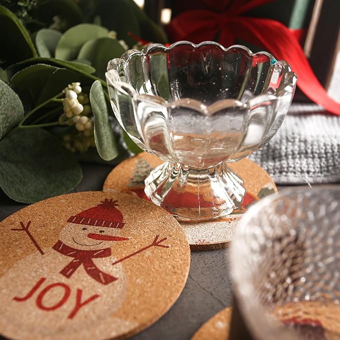 HANSGO 12PCS Christmas Cork Coasters, Cork Cup Mat Xmas Wooden Coasters for Drinks Xmas Party Home Kitchen Table