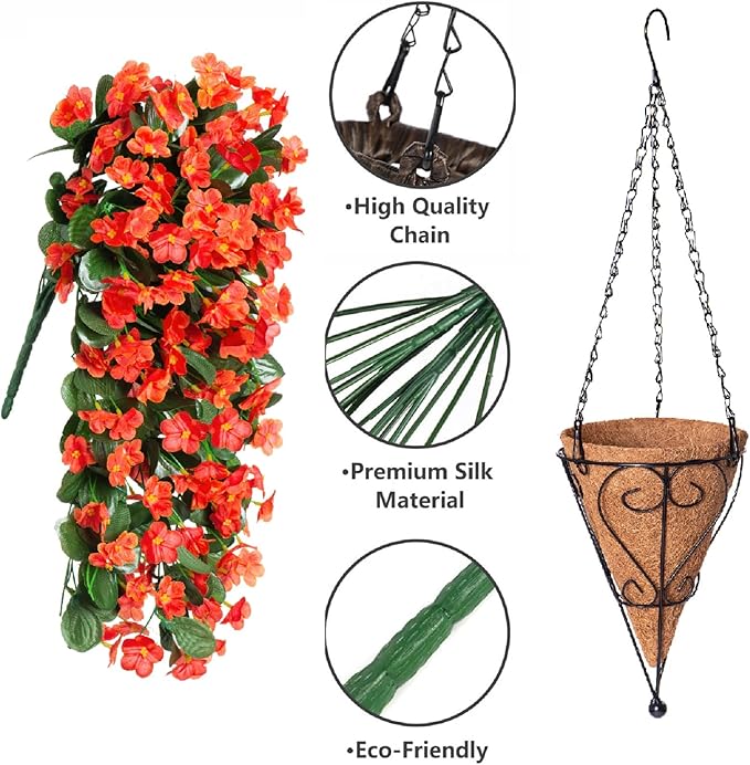 HyeFlora Artificial Fake Hanging Flowers Plants Baskets for Winter Christmas Outdoor Outside, Faux Silk Orange Daisy in Planter UV Resistant Orchid for Home Porch Garden Yard Patio Decor