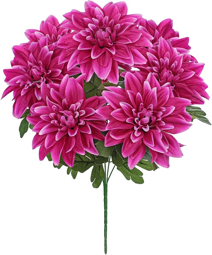 Hollyone Purple-Pink Artificial Dahlia Flowers with Stem Bushes 7 Heads Silk Fake Dahlias Flowers Wedding Bouquets Faux Dahlia Flower Floral Arrangements for Party Table Centerpieces Home Decor