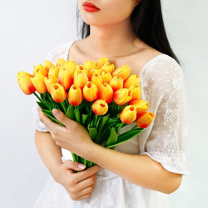 36 PCS Orange Tulips Artificial Flowers 13" PU Fake Flowers for Wedding Home Decor(Orange)