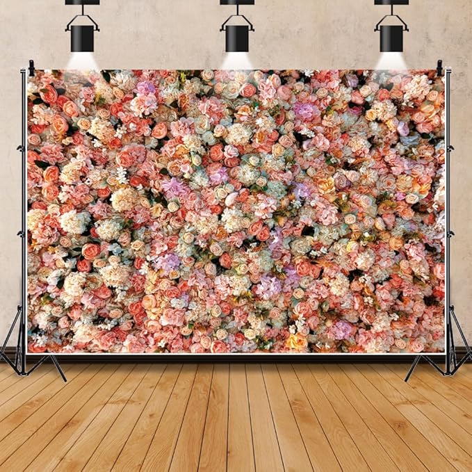 Leowefowa Floral Wall Photography Backdrop 12x10ft Colorful Rose Flower Romantic Wedding Background for Lover Spring Pink White Rose Petal Engagement Party Banner Decor Photo Supplies Prop