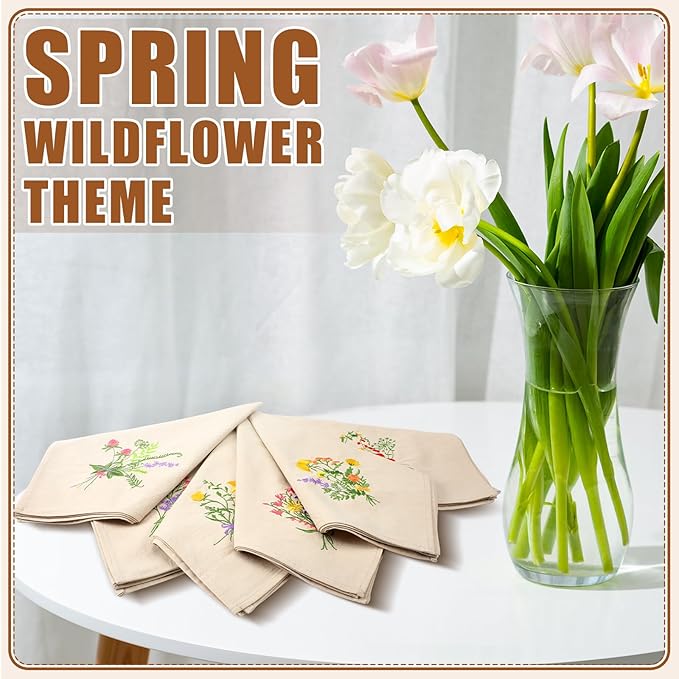 Tioncy 6 Pcs Christmas Floral Cloth Napkins Decorations Bulk Embroidered Wildflower Dinner Napkins Tea Cocktail Party Gifts Xmas Stocking Stuffers for Holiday Table Decor (Grey)