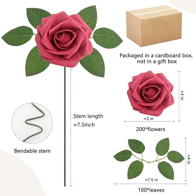 200PCS Artificial Flowers Burgundy Roses Real Looking Foam Fake Roses with Leaves and for DIY Wedding Bouquets Bridal Shower Centerpieces Party Decorations (Burgundy, 200)