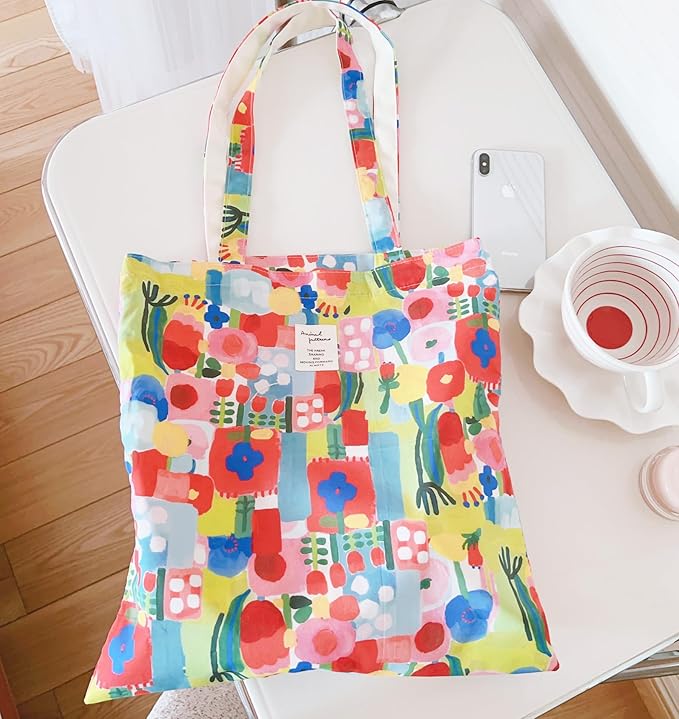 Cotton Canvas Tote Bag Reusable Soft Grocery Cloth Bag Floral Shoulder Bag for Beach Travel Shopping