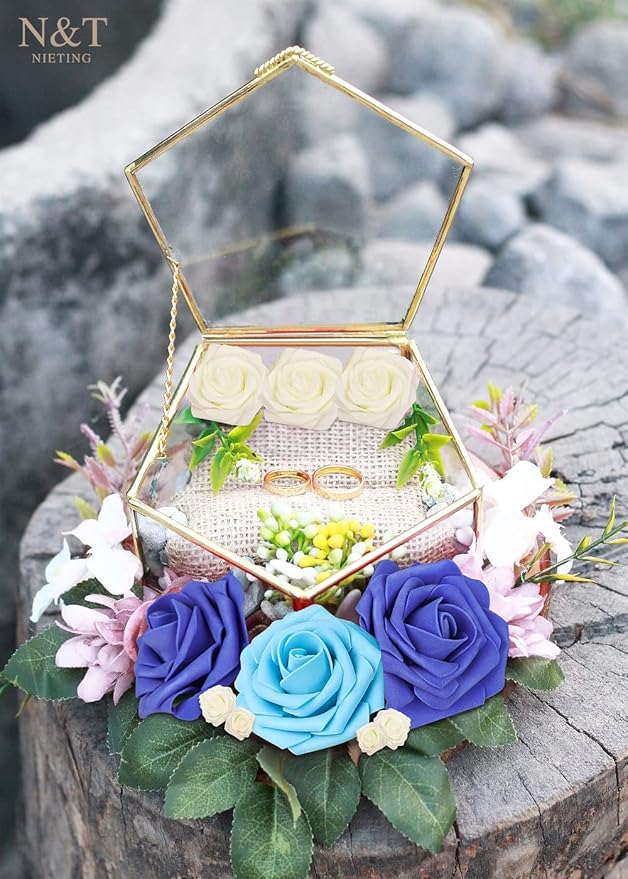 N&T NIETING Blue Roses Artificial Flowers, 25pcs Fake Flowers Rose Perfect for DIY Wedding Bridesmaid Bridal Bouquets Centerpieces Home Flower Arrangement Decoration, Series Blue