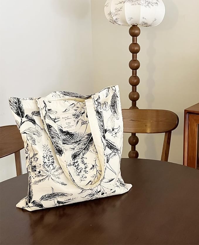 Cotton Canvas Tote Bag Reusable Soft Grocery Cloth Bag Floral Shoulder Bag for Beach Travel Shopping