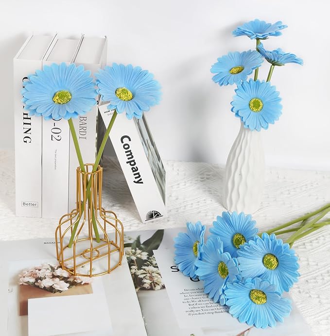 IPOPU Daisies Flowers Artificial,20PCS Blue Gerbera Daisy Artificial Flowers Fake Daisies for Wedding Party Office Home Decorations(Light Blue)