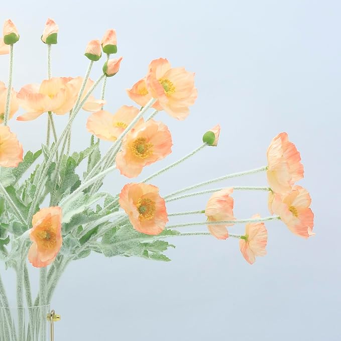 2 Pcs Artificial Fake Flowers Plants Poppies Silk Flower Arrangements Wedding Bouquets Decorations Plastic Floral Table Centerpieces for Home Kitchen Garden Party Decor Approx 23.6" High - Light Coral