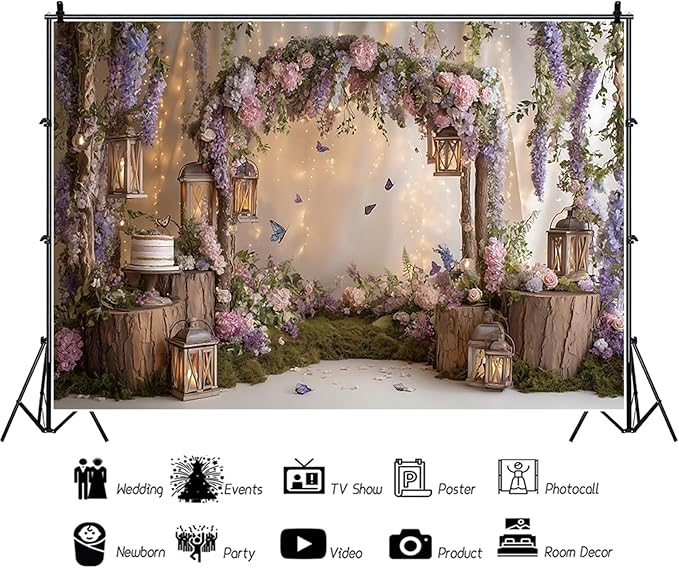 Baocicco Purple Flowers Wall Backdrop 7x5ft Rustic Style Wooden Arch Door Butterfly Background Photography Rural Wedding Baby Shower Birthday Party Banner Supplies Anniversary Decorations Props