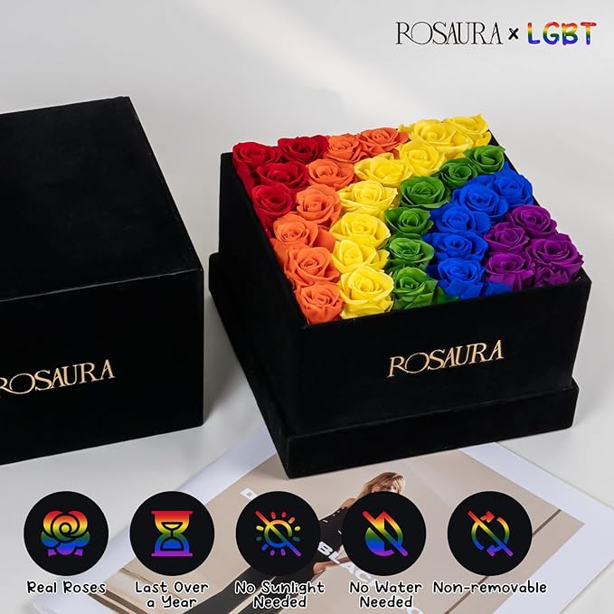 Rosaura 34-Piece Eternal Preserved Roses & Flowers Gift Box - Forever Lasting Real Roses, Preserved Flowers for Christmas, Valentine's Day (34-Rainbow)