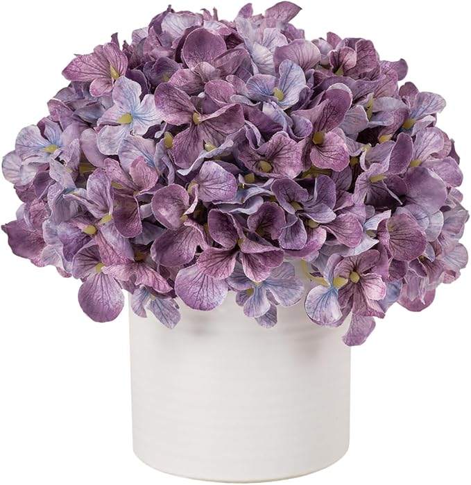 Hydrangea Fake Flowers in Vase, Artificial Flowers with Ceramic Vase Small Faux Potted Floral Arrangements for Bathroom Home Desk Kitchen Counter Vanity Shelf Coffee Table Centerpiece Decor (Purple)