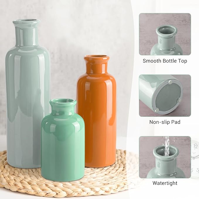 Small Ceramic Vase Set of 3, Boho Modern Flower Vase Room Decor, Farmhouse Decor, Vases for Your Kitchen, Bathroom, Bedroom, Living Room, Office&Shelf Centerpiece Table Decorations