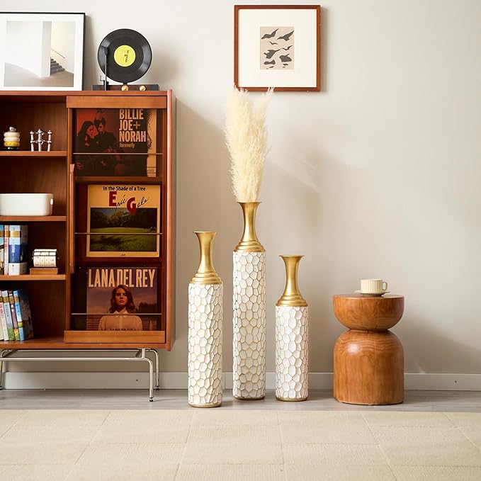 Floor Oversized Gold Metal Decorative Vase with 3D Triangle Pattern Set of 3 Large Vases for Home Living Room 33.5 ", 29.5 ", 25.2" High (Antique Gold+White)