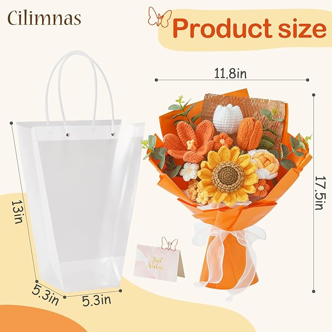 Cilimnas Crochet Flower Bouquet,Orange Knitted Flowers, Handmade Sunflowers Tulips Roses Bouquet for Birthday Anniversary Party Mother's Day Graduation Gifts