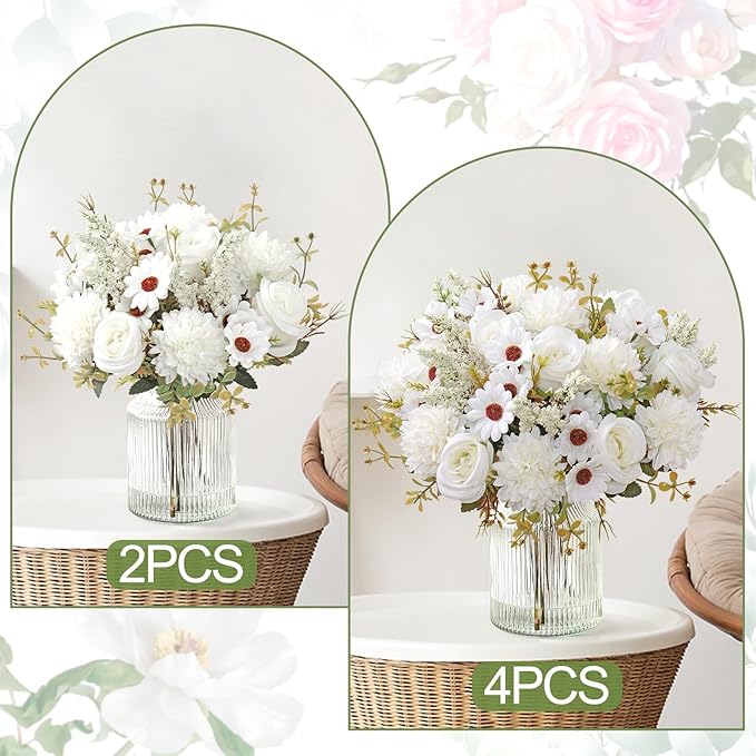 Dremisland Artificial Flowers Like Real Artificial Bouquet 2 Packs Silk Artificial Roses Bouquet with Daisy Chrysanthemum White Flowers for Centerpiece Table Wedding Party Home Decor