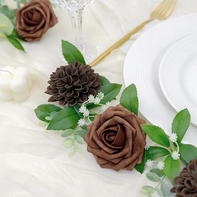 Artificial Flowers, 25pcs Brown Artificial Rose for DIY Wedding Bouquets Centerpieces Arrangements, Brown Rose and Dahlia Flowers with Stem for Bridal Shower Party Home Decorations
