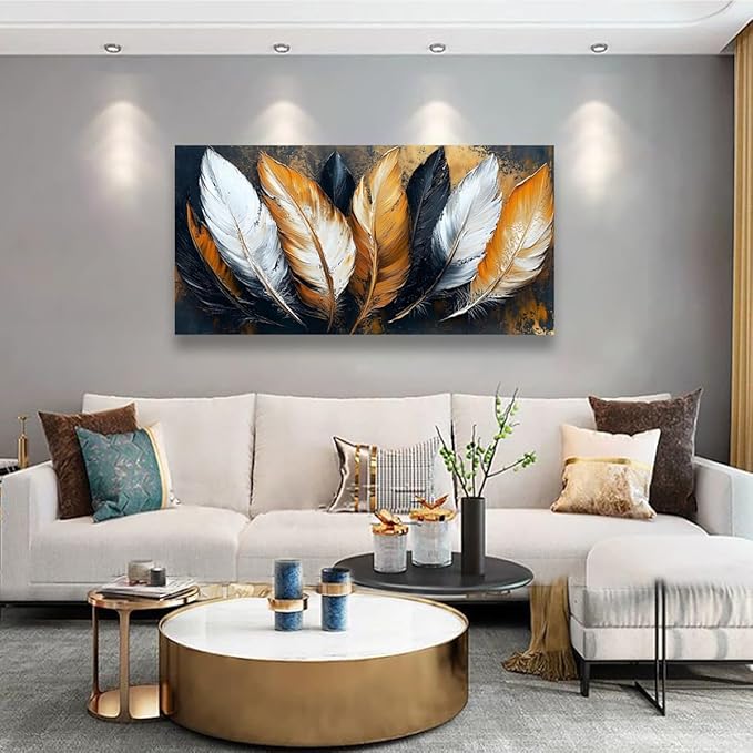 Abstraction Pictures Canvas Wall Art for Living room Office Bedroom Wall Decor,Feather Wall Art Print Paintings Modern Autumn White Yellow Feather Artwork Waterproof Ready to Hang-20x40inch