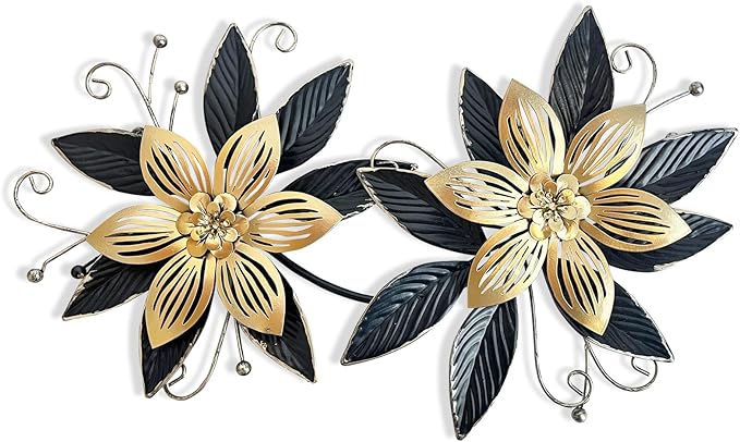 LIFFY Black Gold Metal Flowers Wall Decor,15" 3D Multi-layer Modern Floral Art, Rustic Distressed Hanging Decor for Indoor, Bedroom Living Room Garden Patio, Home Decoration Accent