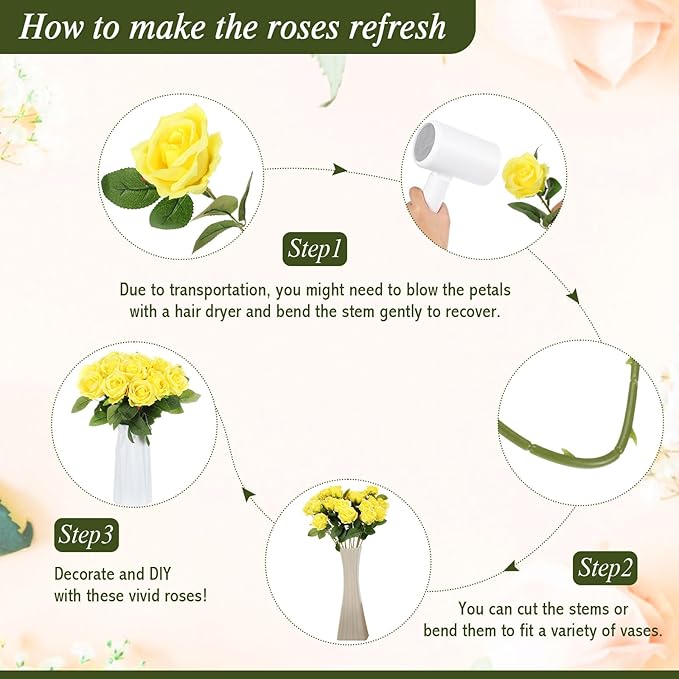 Hotop 40 Pcs Rose Artificial Flowers Bulk with Long Stem,Realistic Silk Fake Roses Bouquet for Home Wedding Centerpieces Party Table Decoration Valentines Gifts(Yellow)