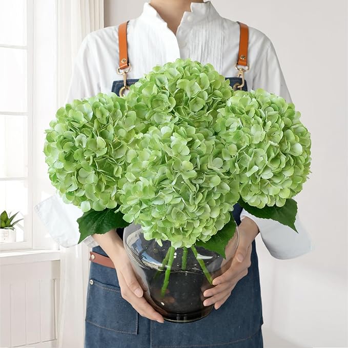 Green Hydrangea Artificial Flowers, 4Pcs 22" Large Lifelike Faux Silk Flowers, Full Artificial Hydrangeas for Bouquet Table Centerpieces Indoor Spring Outdoor Home