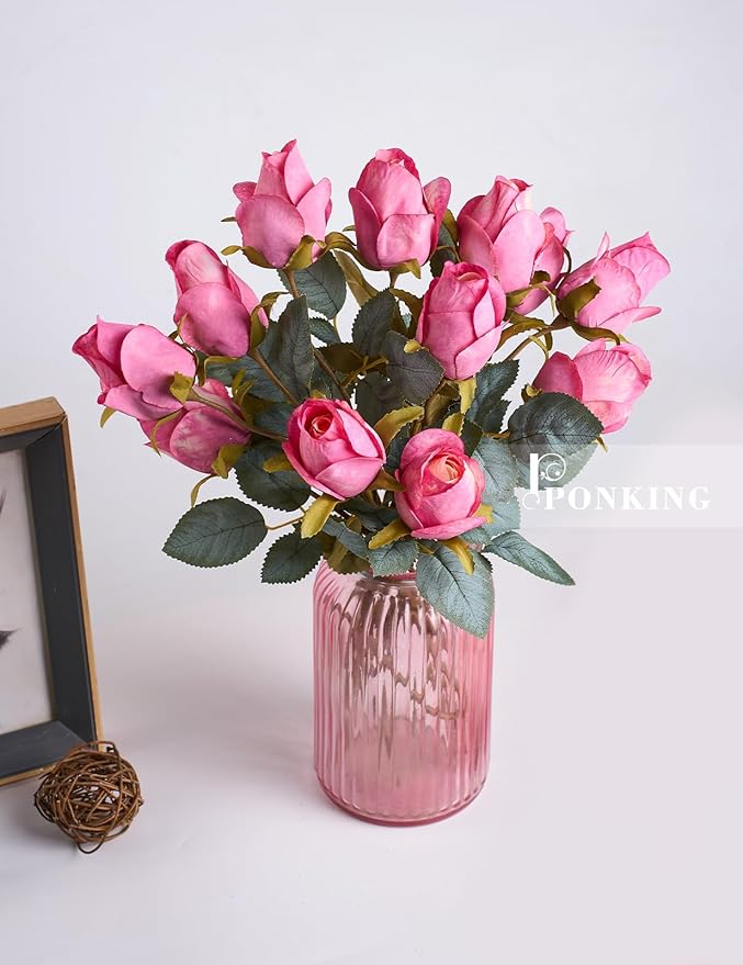 Rose Artificial Flower Buds 12pcs Realistic Faux Silk Roses Fake Flowers Bouquets Arrangements Decor for Wedding Spring Mother's Day, Home Table Decorations, Light Magenta Flower