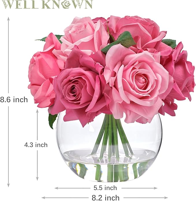 WELL KNOWN Artificial Flowers with Vase, Silk Rose Artificial Flowers Table Centerpieces with Faux Water for Home Decoration Fake Roses Flower Arrangements for Table Decor (Fuchsia)