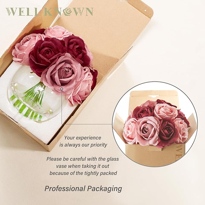 WELL KNOWN Silk Rose Artificial Flowers with Vase Artificial Rose Flower Arrangements in Round Bowl Vase with Faux Water for Home Table Decoration (Burgundy & Dusty Rose)