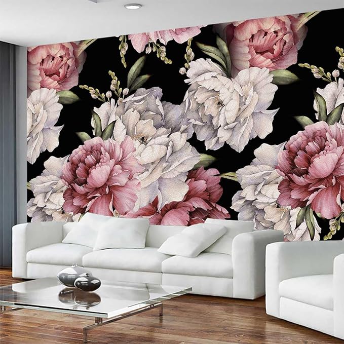 Dark Background Watercolor Peony Seamless Floral Wallpaper, Large Art Background Wall Mural for Decorated Bedroom and Living Room(Non-self-Adhesive)