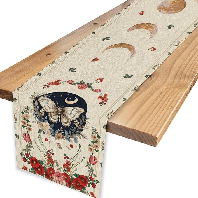 Gothic Moth Table Runner, Boho Floral Gothic Sun Moon Phase Mystical Witchy Starlight Coffee Table Center Decor for Home Kitchen Dining Patio Holiday Party Table Decorations 13x36 inches