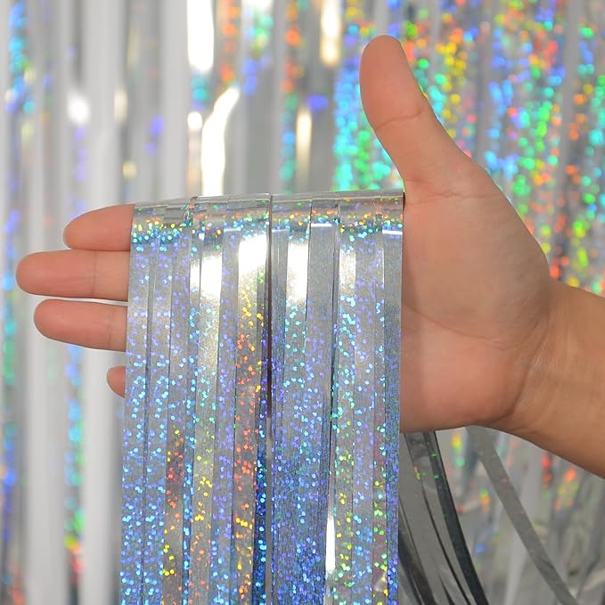 Melsan Christmas Party Decorations Foil Curtain, 2 Pack 3.2 ft x 8 ft Silver Tinsel Foil Fringe Backdrop, Sparkle Metallic Streamers for Disco Bachelorette Party Decorations, Silver Tinsel Backdrop