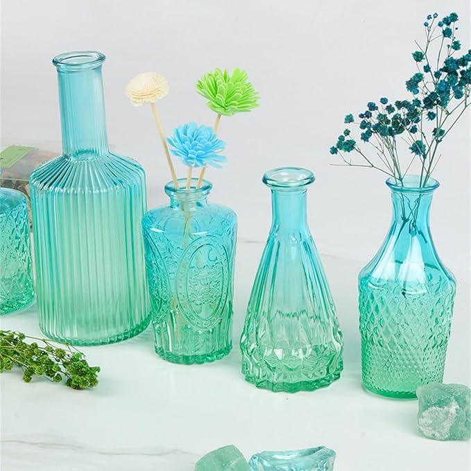 5Pieces Embossing Glass Vases Set Gradients Small Flower Buds Vases for Home Decors and Centerpieces Floral Arrangements