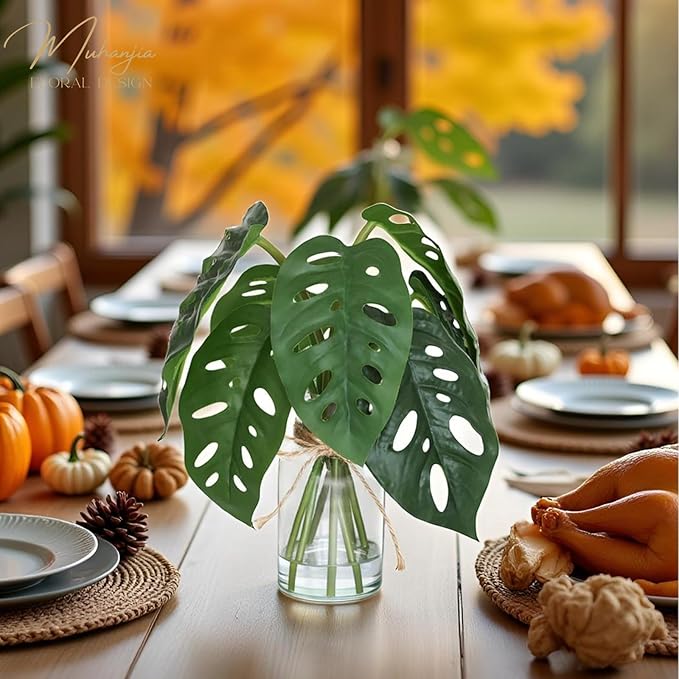 Artificial Flowers Turtle-Back, Alocasia Leaf, in Glass Vase with Faux Water,7Pcs Artificial Leaves Real Touch Latex Leaves for Centerpiece (2, Turtle-Back Leaf)