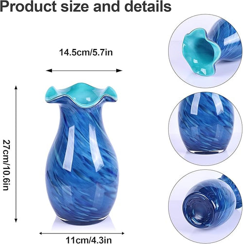 10.6in Hand Blown Blue Glass Vase – Wide Mouth Murano Bubble Art Glass Vase, Cobalt Blue Flower Vase for Coastal, Vintage, Colorful Home Decor, Vase Gift for Mom or Display (Blue)