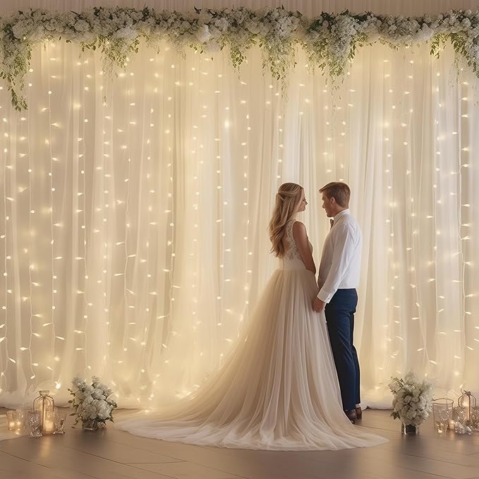 10ft x 10ft White Backdrop Curtain with Lights String for Parties, Sheer Tulle Wedding Photo Backdrops Drapes for Baby Shower Birthday Party Decorations Background for Photography