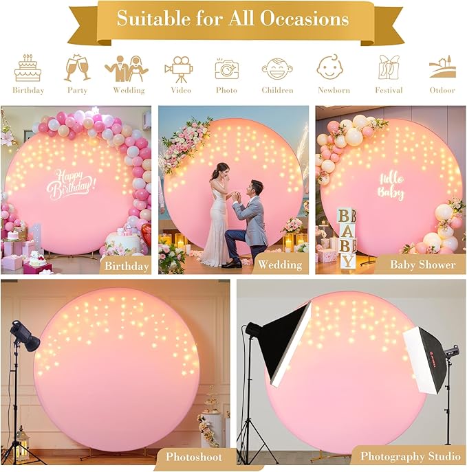 6.6 FT Pink Round Backdrop Cover with Lights String for Circle Arch Stand Circle Backdrop Covers with LED Fairy Lights for Wedding Baby Shower Girls Birthday Party Photo Shoot Photography Background