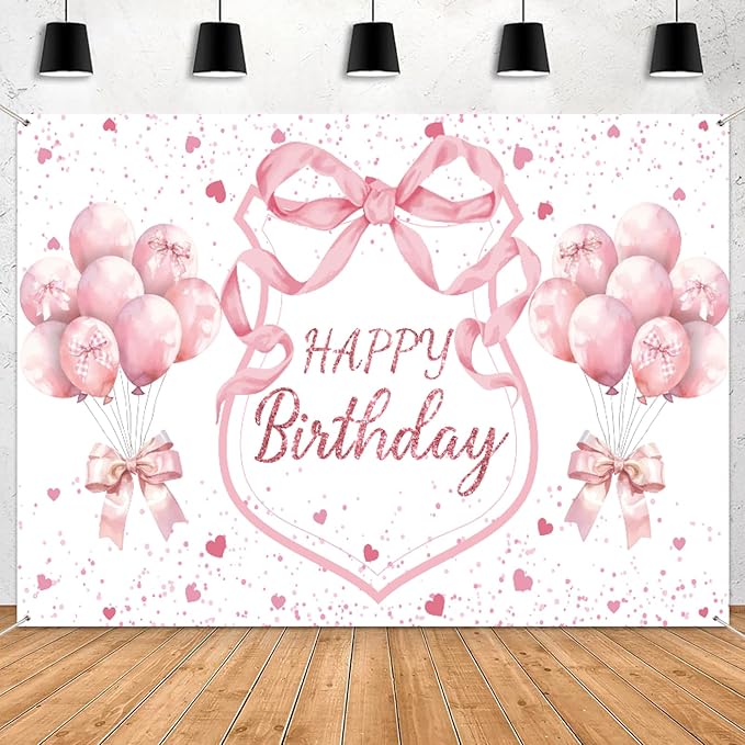 Pink Coquette Birthday Backdrop Decorations Pink Bows and Glitter Balloons Theme Background for Girls Women, Romantic Party Photo Banner for Bachelorette Birthday Decor 7x5ft