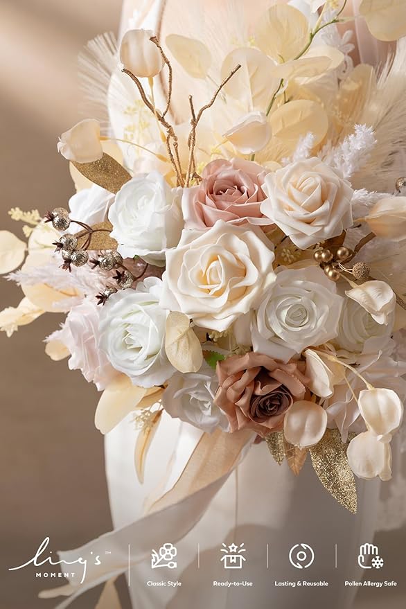 Ling's moment Boho Wedding Bouquets for Bride, White Beige and Gold Bridal Bouquets for Bride, 15 Inch Free Form Artificial Wedding Flower Bouquet