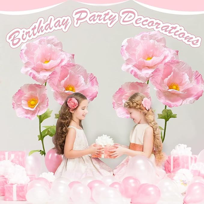 3Pcs Large Paper Fake Flower Decorations, Giant Artificial Flower Decoration with Standing Base, Big Fake Flower Bouquet 6.1Ft for Wedding Birthday Party Decor Ideal for Home and Event Decor(Pink)