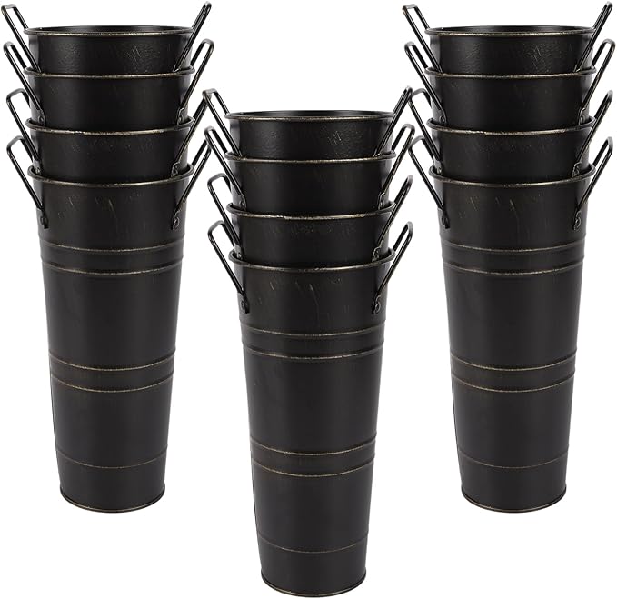 12pcs Small Black Rustic Vase, Small Metal Vases for Flowers, Galvanized Metal Bucket with Handles, Rustic Farmhouse Vases for Flowers for Home Décor (Black,10'' Height,Set of 12)