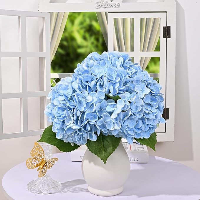 4 Pcs Blue Hydrangea Artificial Flowers, Latex Real Touch Hydrangea Flowers, 19.6'' Full Faux Hydrangea Flowers Fake Flowers for Home Decor Party Wedding Centerpiece Bouquet Floral Arrangements