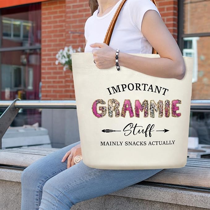 Canvas Tote Bag for Women, Important Stuff Bag with Leather Handle, Reusable Grocery Bags for Shopping Beach Travel