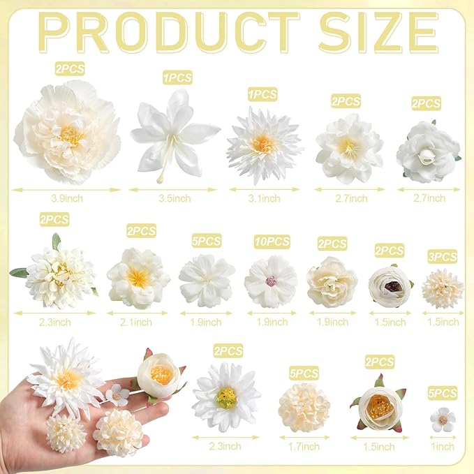 Artificial Flowers Heads Combo White Flowers Mix Silk Flowers Heads Bulk Faux Rose for Craft Garland Graduation Cap Wedding Bridal Baby Shower Home Party Decoration DIY Cake Decor