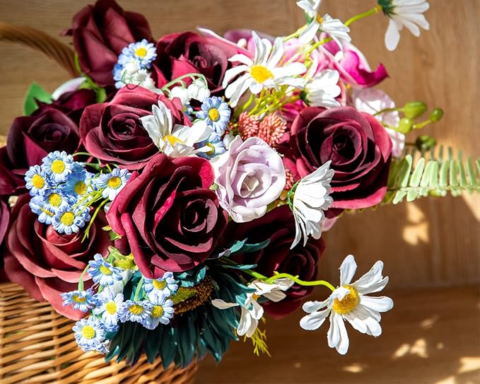 DuHouse 10pcs Silk Roses Artificial Flowers Fake Burgundy Rose Bouquet for Arrangement Wedding Party Home Decoration (Burgundy-Long Stem)